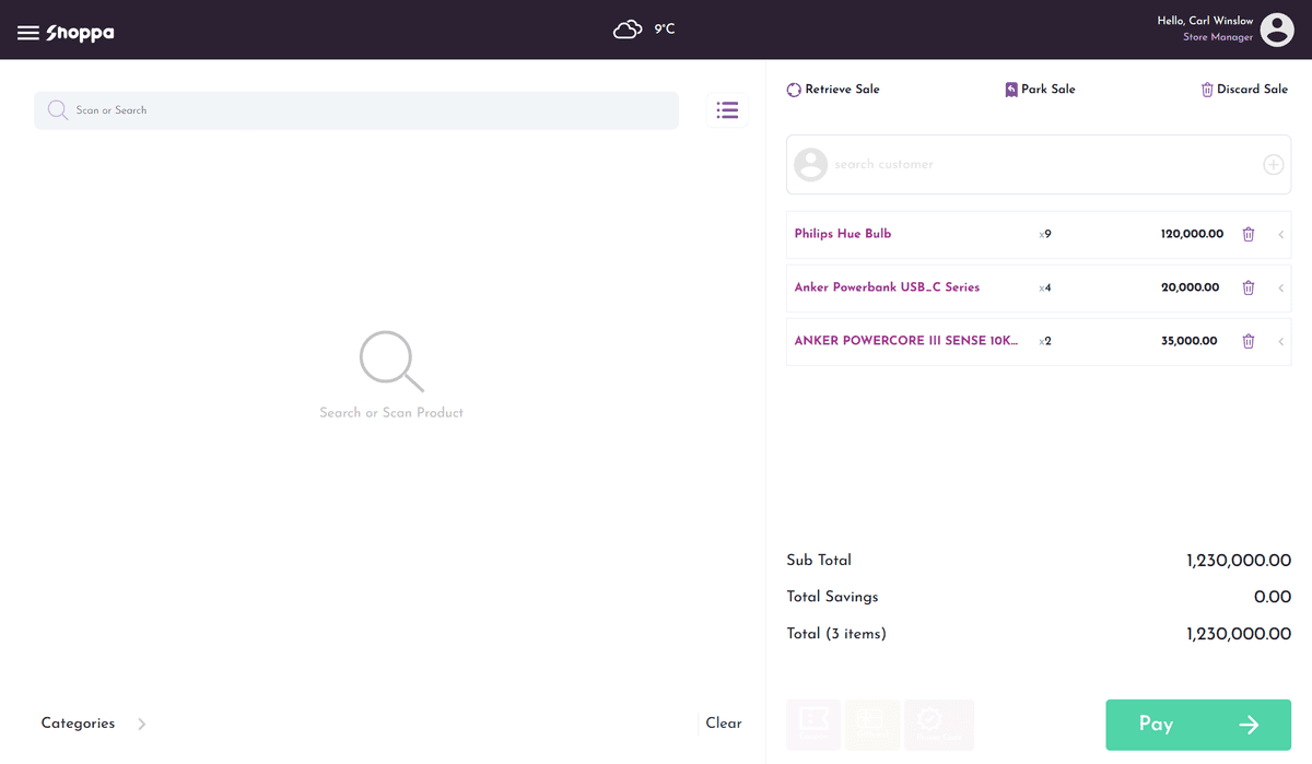 Shoppa POS checkout screen
